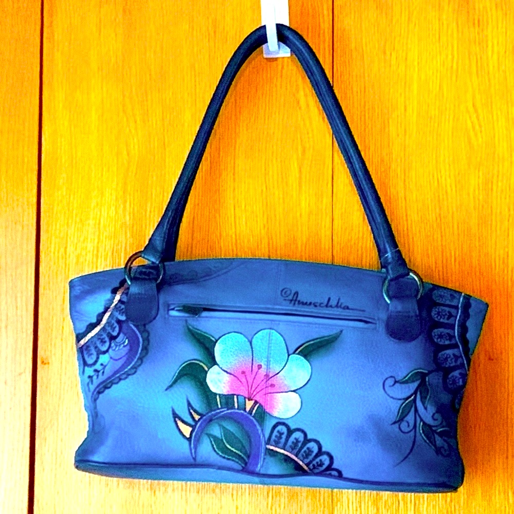 Anuschka Blue Hand Painted Leather Designer Bag Purse Floral Print Signed Euc